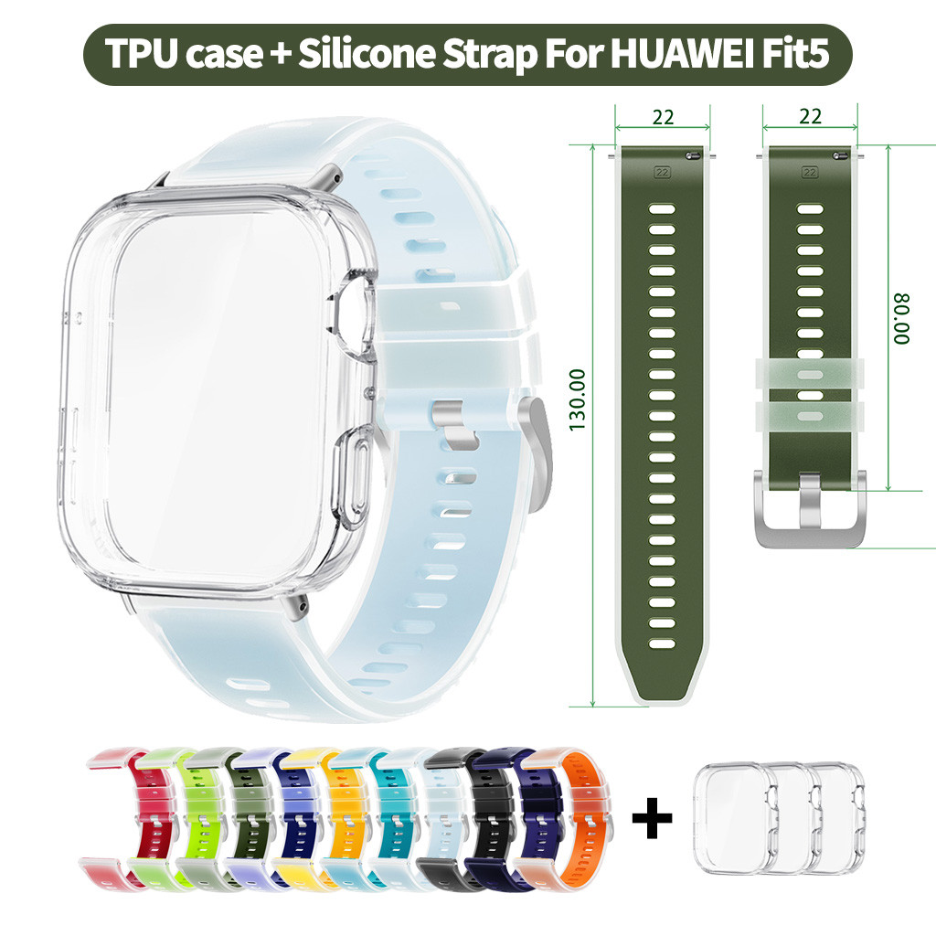 สายนาฬิกา + ชุดกรณี Jelly Silicone Strap& Clear TPU Material Case for HUAWEI WATCH FIT 5/ Pro 4 3, Soft Bracelet Bumper Cover for watch Fit5 Accessories
