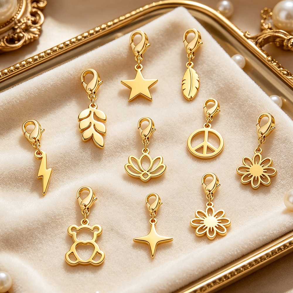 MYSHAPE Mini Charms พร้อมเข็มกลัดกุ้งก้ามกรามสแตนเลสสีทอง DIY จี้สําหรับ Figaro สร้อยข้อมือสําหรับผู้หญิงดอกไม้ใบเครื่องประดับ