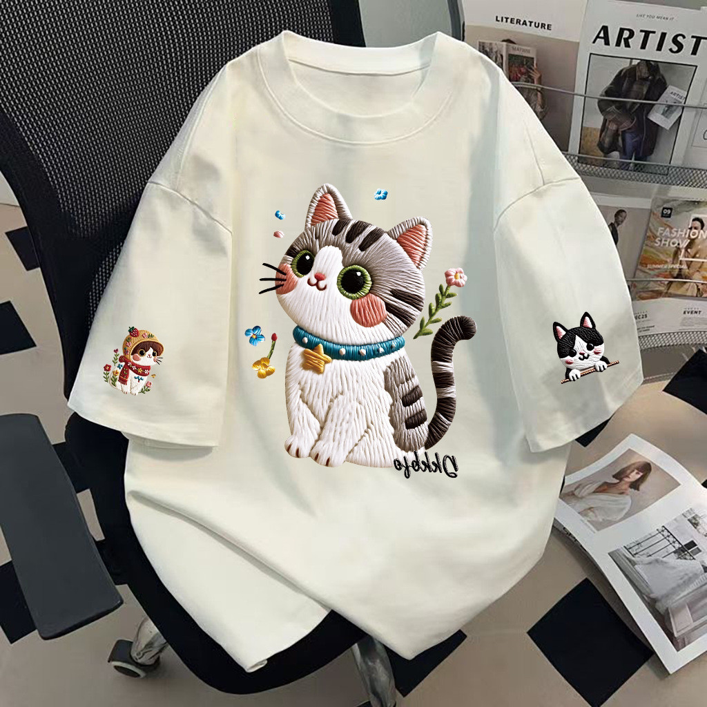 2026 Street น่ารักสไตล์ผ้าฝ้ายพิมพ์แมวแขนสั้นเสื้อยืดผู้หญิงฤดูร้อน Retro ins Street Wear Top COD สไตล์ใหม่ All-Match O8ZB