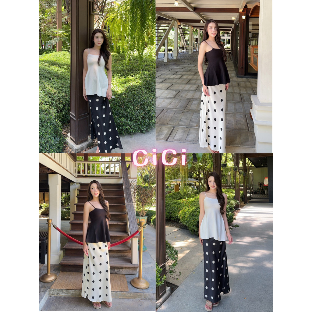 ส่งทันที Cici(NO. 6033)กระโปรงยาวผ้าพริ้ว ดีเทลลายจุด ใส่วันสบายๆสไตล์เกาหลี