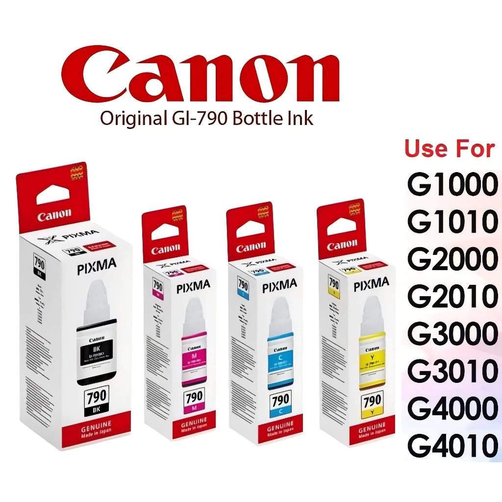 หมึกเติม CANON INK # GI-790 หมึกขวดแท้ 4 สี BK / C / M / Y สำหรับ Canon Pixma G1010 / G2010 / G3010 / G4010