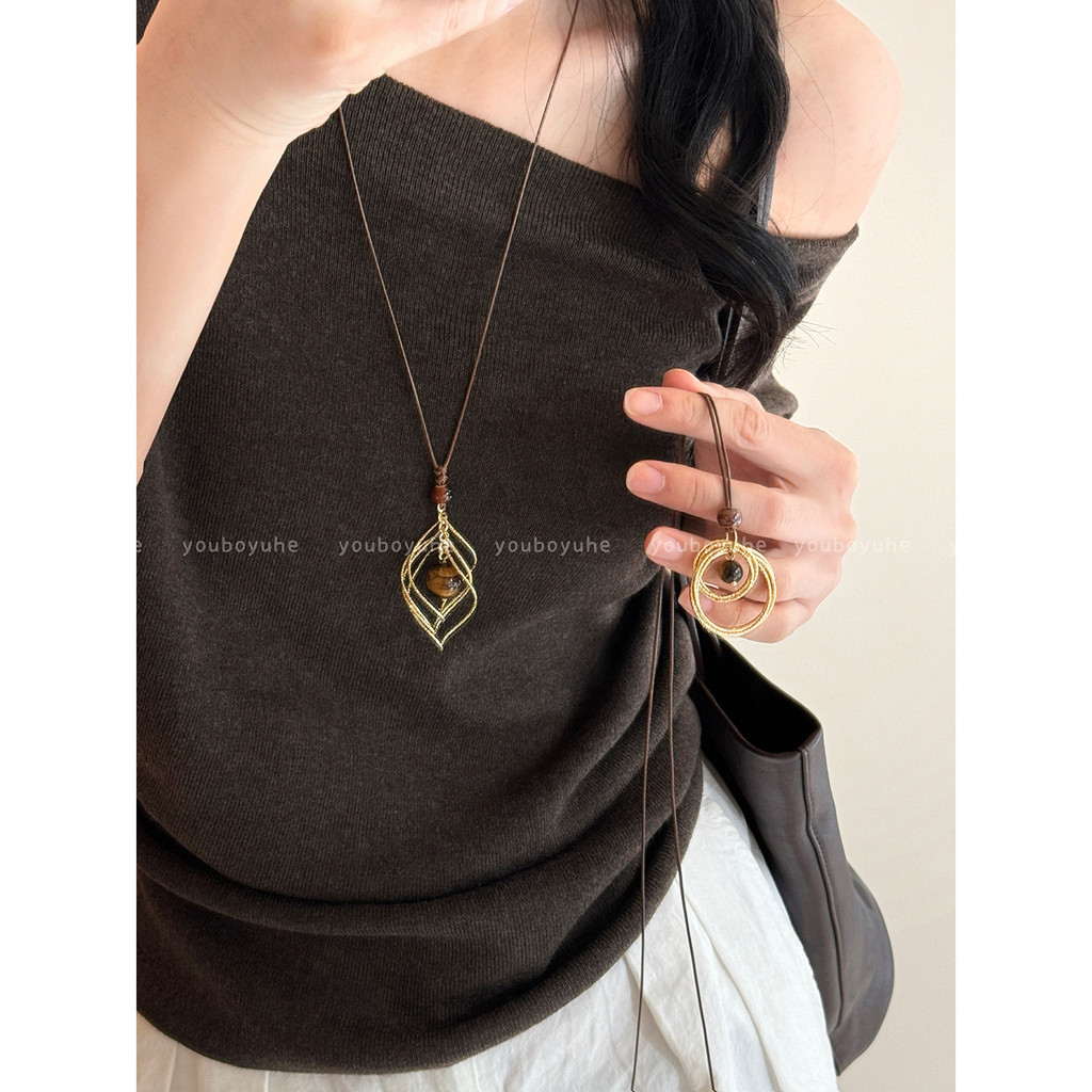 MATA New Bohemian Gold Feather Tiger Eye Necklace