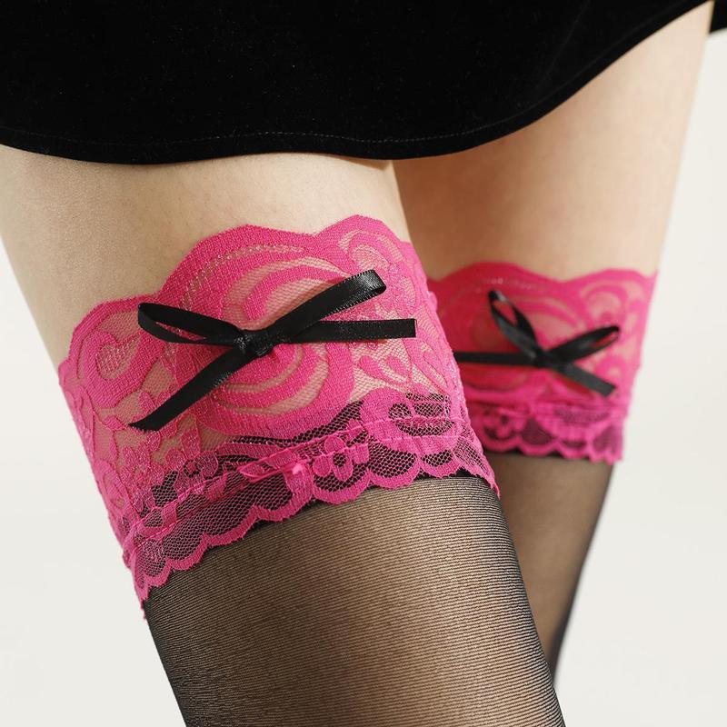 玫红蕾丝花边长筒包芯丝丝袜蝴蝶结长筒夏款感迷人长腿过膝12.9Rose Red Lace Long Tube Cored Silk Stocks Bow Long Tube Summer Style 