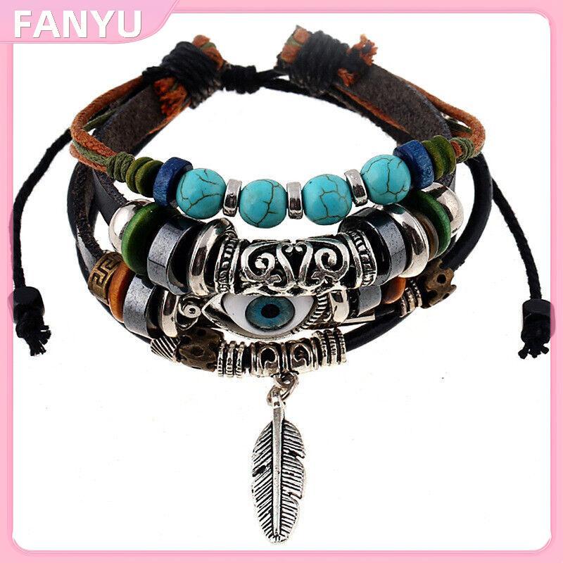 FANYU สไตล์ชาติพันธุ์สร้อยข้อมือ Blue Eye Alloy Pendent Multilayer ลูกปัดสายรัดข้อมือผู้หญิงผู้ชายสร้อยข้อมือเครื่องประดับของขวัญ FANYU