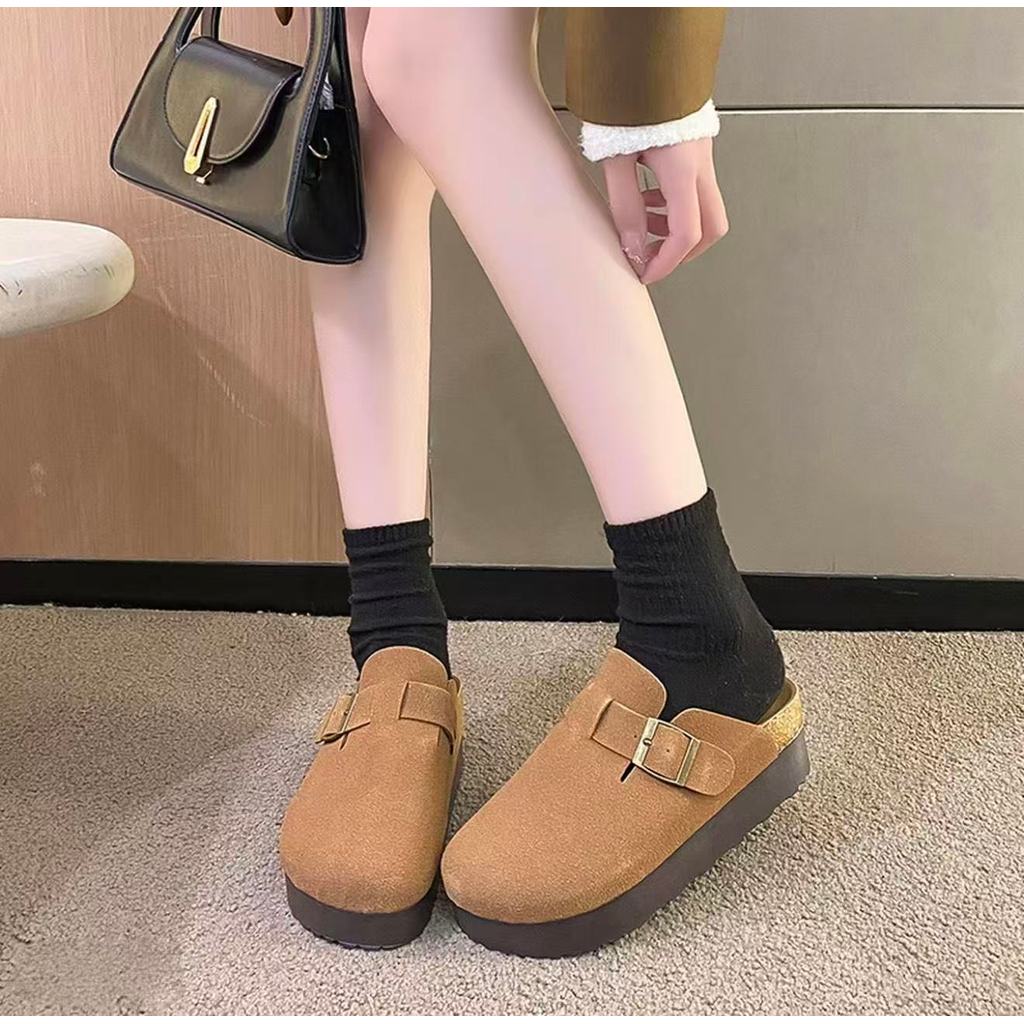 (เกรดA) TX766 รองเท้าแตะสวมเปิดส้นมาใหม่  หนังกลับดีเทลอะไหล่เข็มขัด พื้นหนา5.5 CM สีพื้นเรียบๆดีไซน