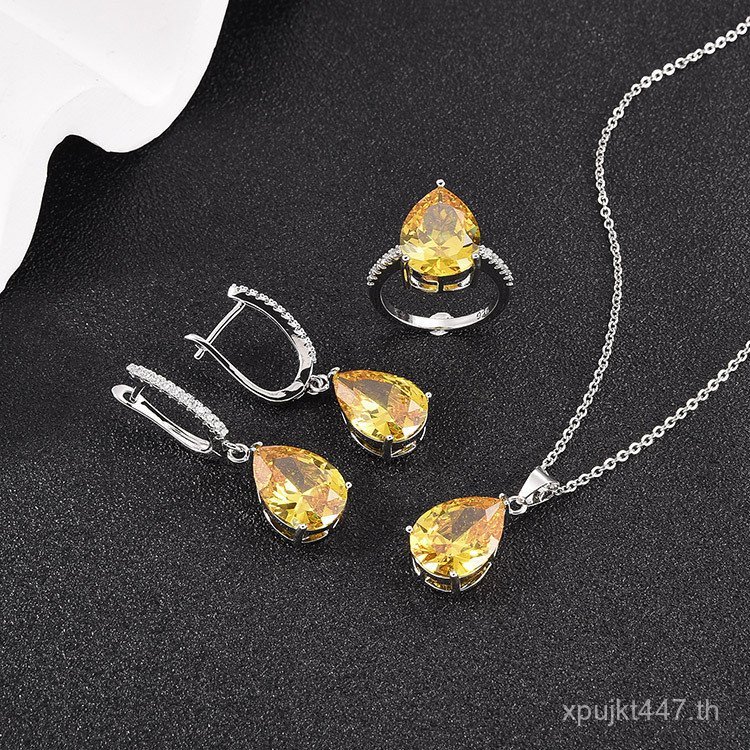 ชุดเครื่องประดับสีเหลืองที่มีสีสันสมบัติขายส่งน้ําหยดชุบแพลทินัมชุดหญิงฝังสร้อยคอ หลากสี จี้เครื่องป