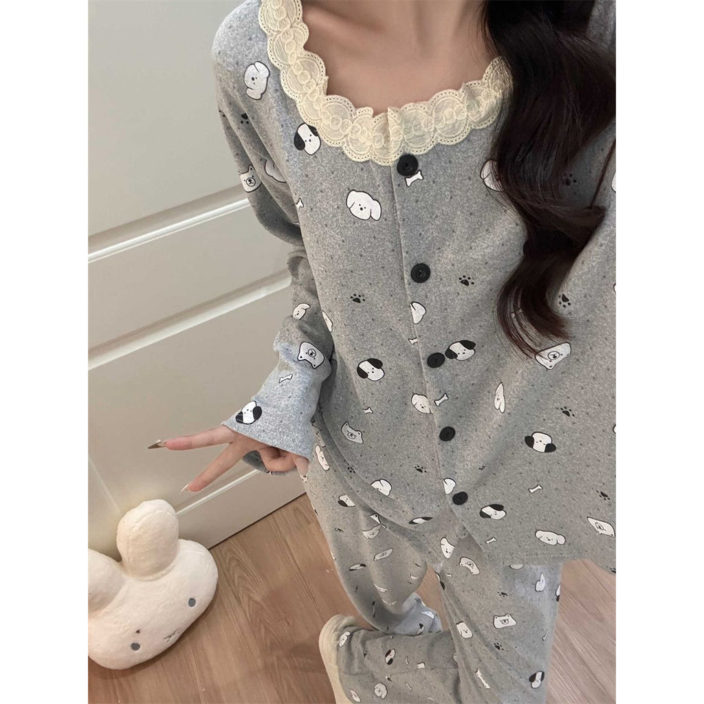 FDS สูทลูกไม้สีเทาลูกสุนัขเยอรมันชุดนอนกํามะหยี่ผู้หญิงฤดูใบไม้ร่วงฤดูหนาวกางเกงขายาวแขนยาวการ์ตูนนั