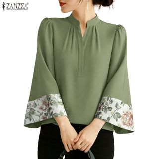 เสื้อผ้าผู้หญิงสไตล์เกาหลี สง่าuer แขนบาน 3/4 พิมพ์ลายดอกไม้