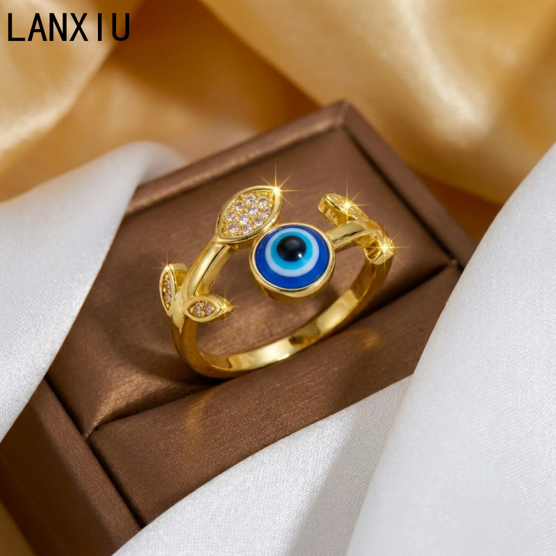 LANXIU Evil Eye ปรับเปิดแหวนทองZircon Leaf Designเครื่องประดับสําหรับผู้หญิงสวมใส่ทุกวันอุปกรณ์เสริมปาร์ตี้