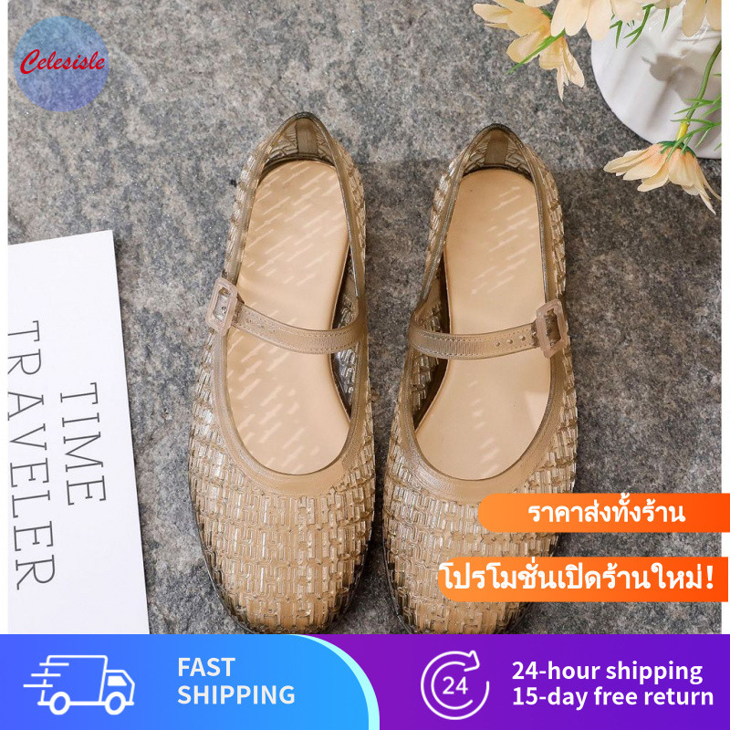 รองเท้าแตะสตรี พื้นแบน สไตล์ฝรั่งเศส คลาสสิค หัวหุ้ม หัวเข็มขัด สวม วุ้น เหมาะสำหรับฤดูร้อน ใส่เดินทาง กันลื่น ดูดี ใส่สบาย| FCC0 WS1 HS1 PRF1