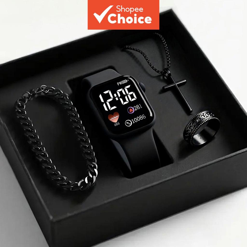 Kids Boys LED Digital watch for baby boy&girl ชุด 4 ชิ้น สายซิลิโคน Night-light Display สร้อยข้อมือสร้อยคอของขวัญ