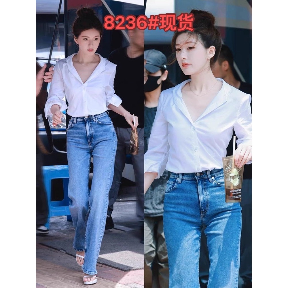 Xu I พราว Zhao Lusi สไตล์เดียวกันเสื้อเชิ้ตสีขาวผู้หญิงฤดูใบไม้ผลิฤดูใบไม้ร่วง Chic All-Match เสื้อ 