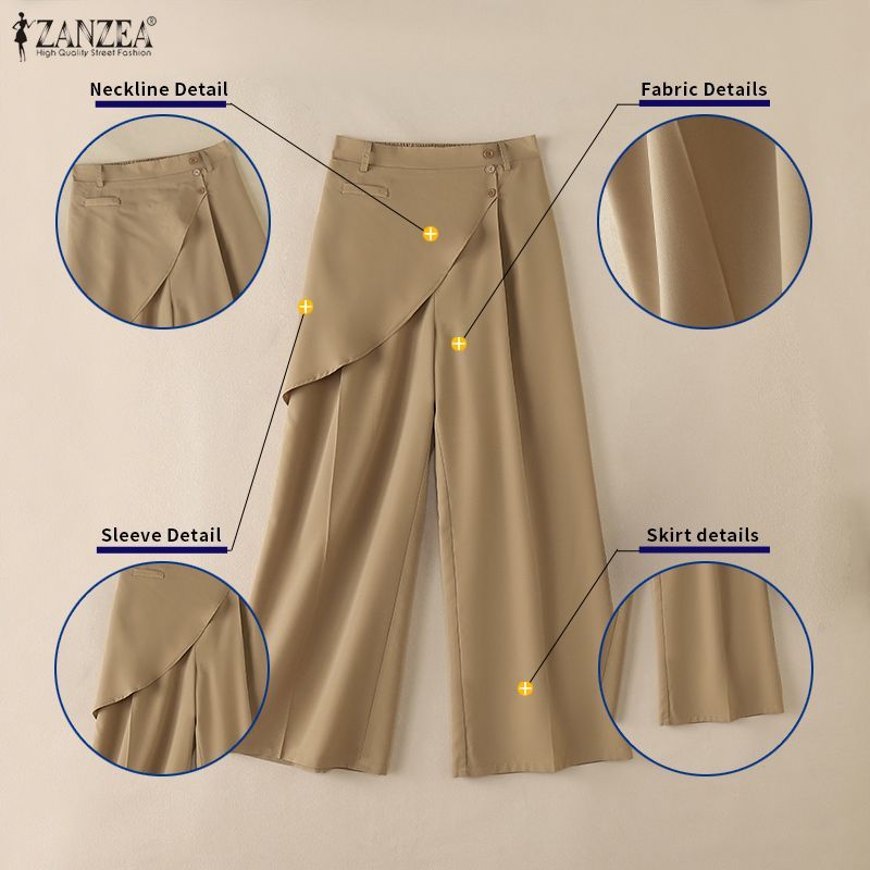 ZANZEA ผู้หญิงเกาหลีสตรีทแฟชั่นเอวสูงปุ่มตกแต่ง Patchwork ออกแบบกางเกงขากว้างแข็ง — صورة 7