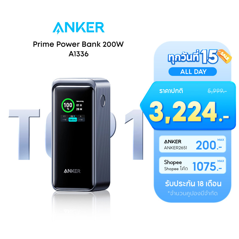 [ราคาพิเศษเฉพาะช่วงนี้] Anker Prime 20000mAh Power Bank 200W แบตสำรอง ชาร์จเร็ว พาวเวอร์แบงชาร์จเร็ว
