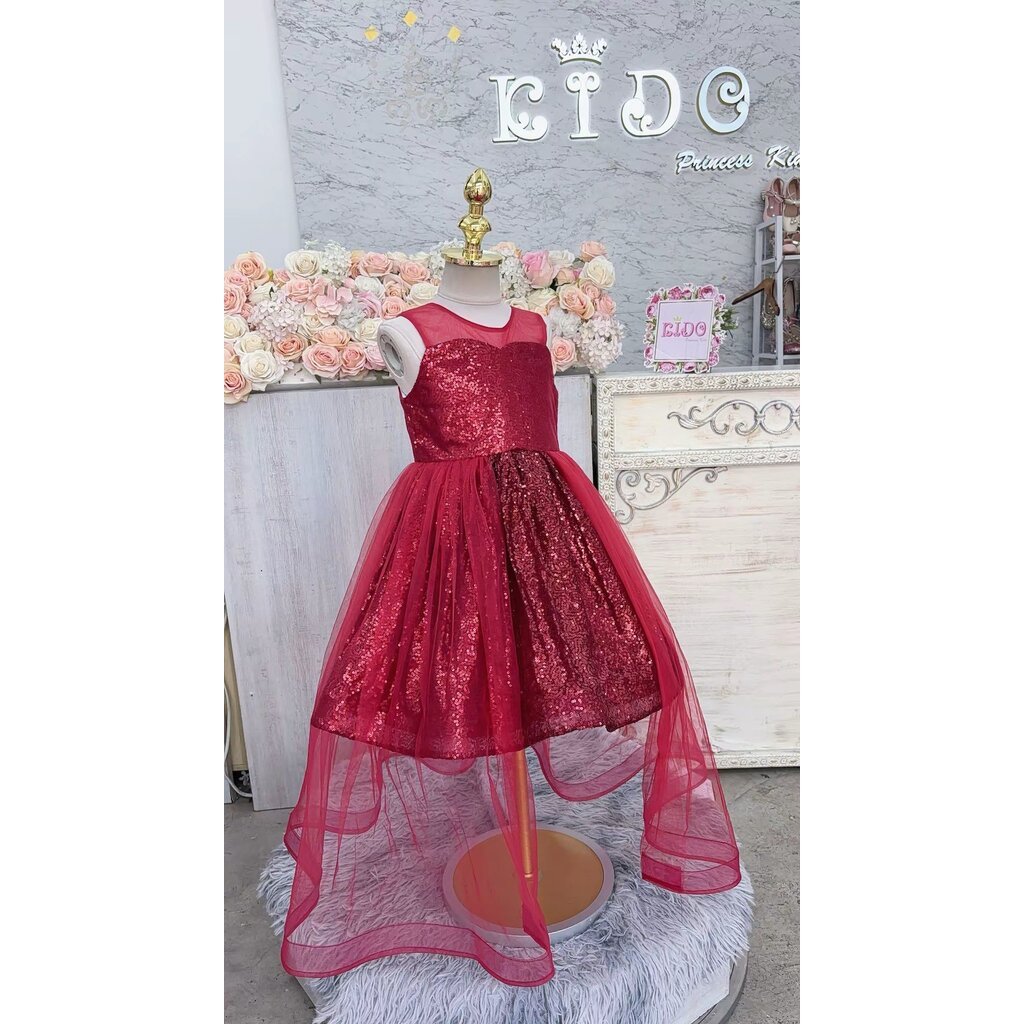 Kidoprincesskids ชุดราตรีเด็ก (ร้านอยู่รัชดา)ชุดออกงานเด็ก W19333 สีแดง กระโปรงสั้น มีหางยาว
