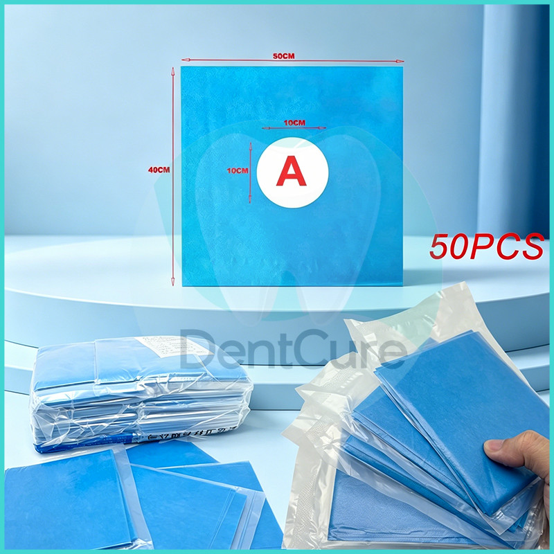 ผ้าม่านผ่าตัดสีฟ้าเกรดทางการแพทย์ 50 ชิ้น/แพ็ค - ผ้าไม่ทอแบบมีรู ปลอดเชื้อ - บรรจุแยกชิ้นใช้แล้วทิ้ง