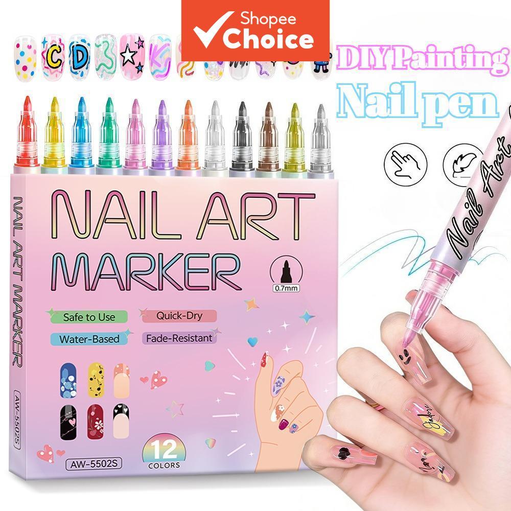 เล็บปากกากราฟฟิตี12สีชุด0.5มิลลิเมตรวิจิตรเคล็ดลับปากกากันน้ําแห้งเร็วสําหรับ ทําเอง เล็บวาดซับ-ภาพวาดอะคริลิอุป