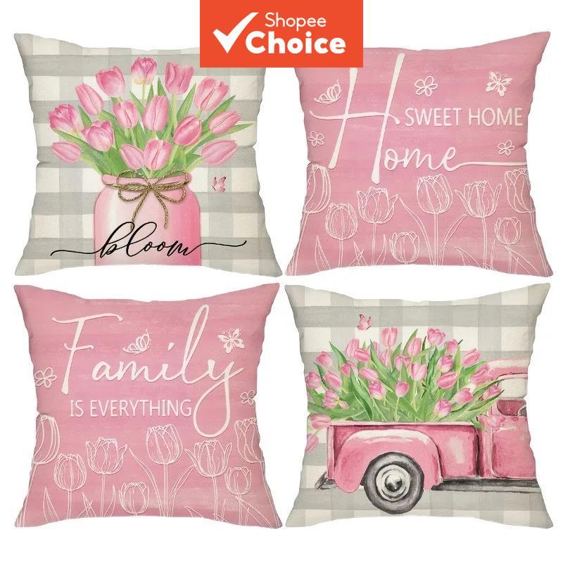 ปลอกหมอนอิงสีชมพูลายดอกทิวลิป 4 ชิ้น พิมพ์ลาย Sweet Home และ Family