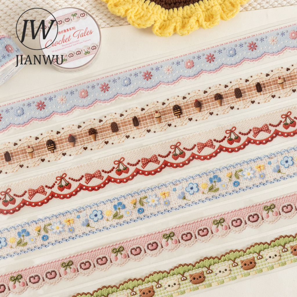 JIANWU โครเชต์ Tales Series น่ารักลูกไม้ดอกไม้แมวภูมิทัศน์วัสดุ Collage Scrapbooking PET เทป Creative Journal เครื่องเขียน