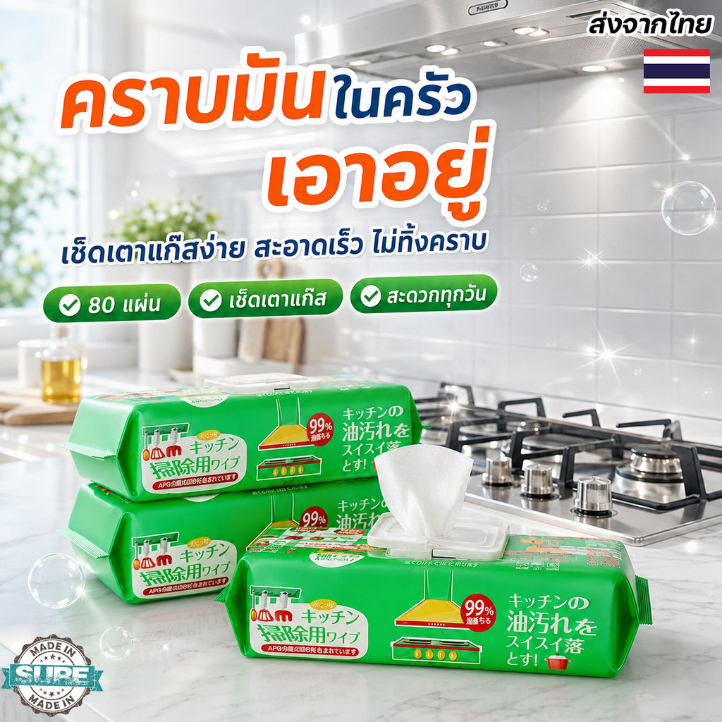 แผ่นเช็ดทำความสะอาดครัว 80 แผ่น ทิชชู่เปียกขจัดคราบมัน ใช้งานสะดวก สำหรับเตาไฟฟ้า เคาน์เตอร์