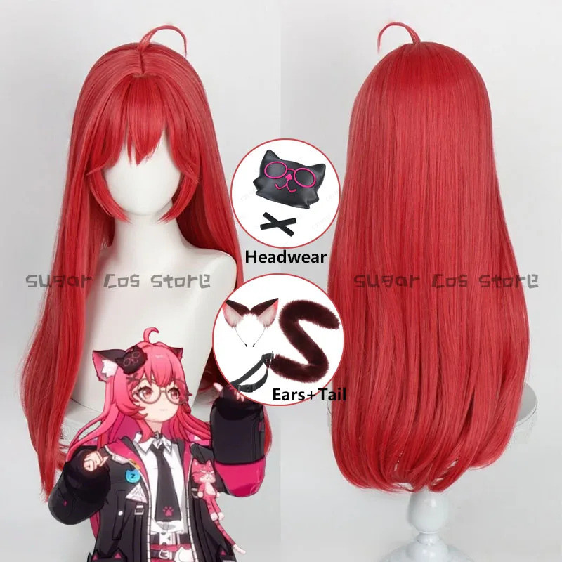 เกมไม่เคยมีนิรันดร์ Nanally Collins คอสเพลย์วิกผม NTE ยาวสีแดงทนความร้อนเส้นใยผม Headwear หูหางปาร์ต