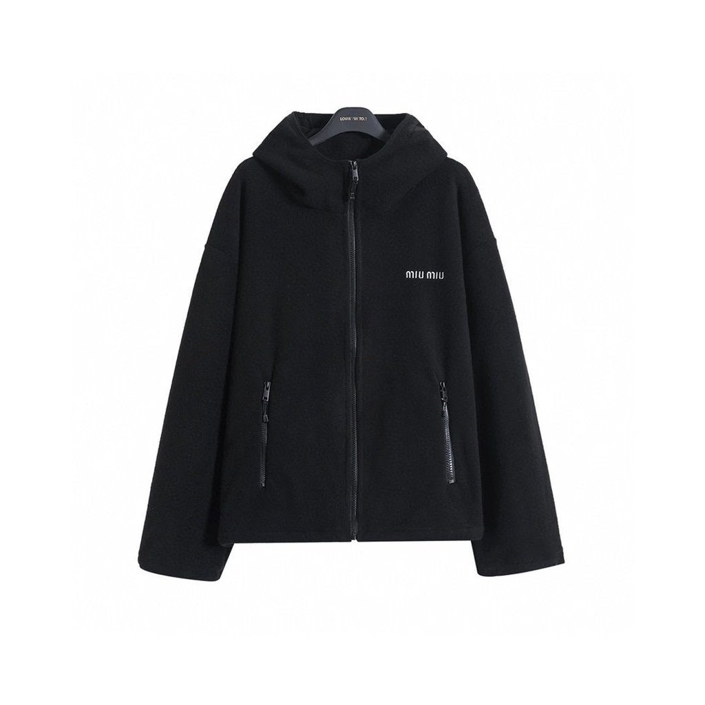 Muu Miu ปักโลโก้ Polar Fleece Zipper Hooded Jacket