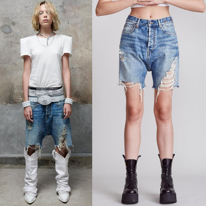 QJ5A R/13 2024Spring Summer High Waist Deep Crotch Heavy Washed Large Ripped Four-Quarter Denim Shor