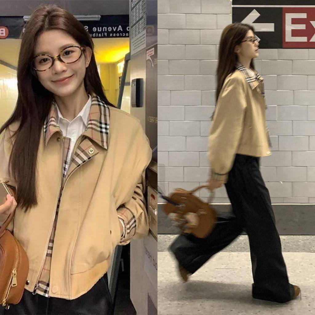 ฤดูใบไม้ร่วงย้อนยุคสีกากีลายสก๊อตแจ็คเก็ตผู้หญิงการออกแบบฝรั่งเศสอเนกประสงค์เสื้อแจ็คเก็ตสื่อสาร