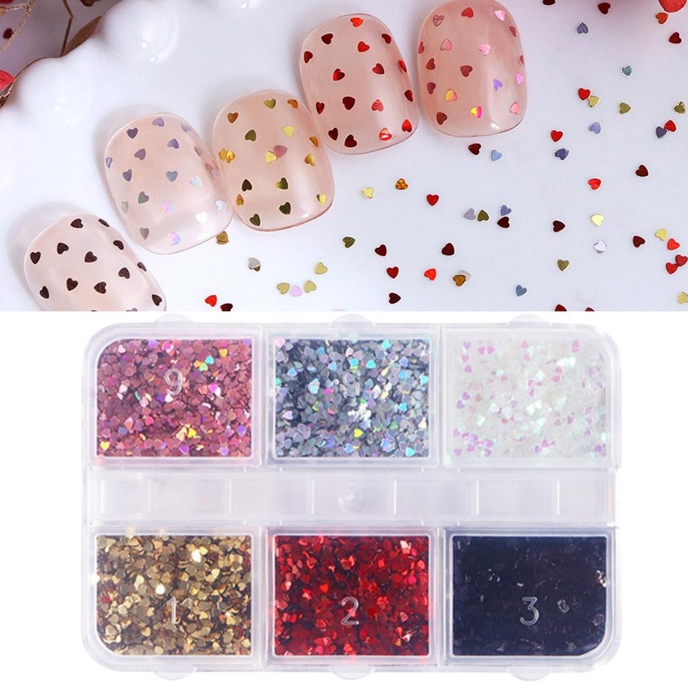 Holographic Love Heart Nail Art Glitter เลื่อมวาเลนไทน์เล็บ Diy รูปร่างตกแต่งเล็บ M0t4