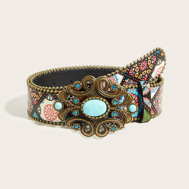 สไตล์ตะวันตกย้อนยุค Turquoise เข็มขัดลูกปัด Distressed Buckle Design Melade สาวร้อนสวมเข็มขัดกางเกงยีนส์