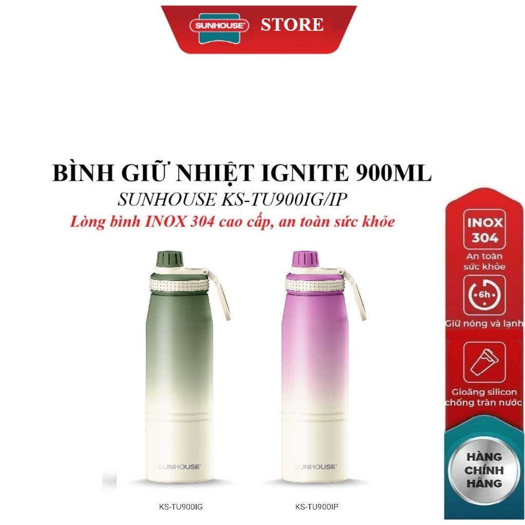 Sunhouse 900ml ขวดเก็บความร้อน Ignite KS-TU900IG/KS-TU900IP - สแตนเลส 304 - หูหิ้วพกพาสะดวก ความจุ 9