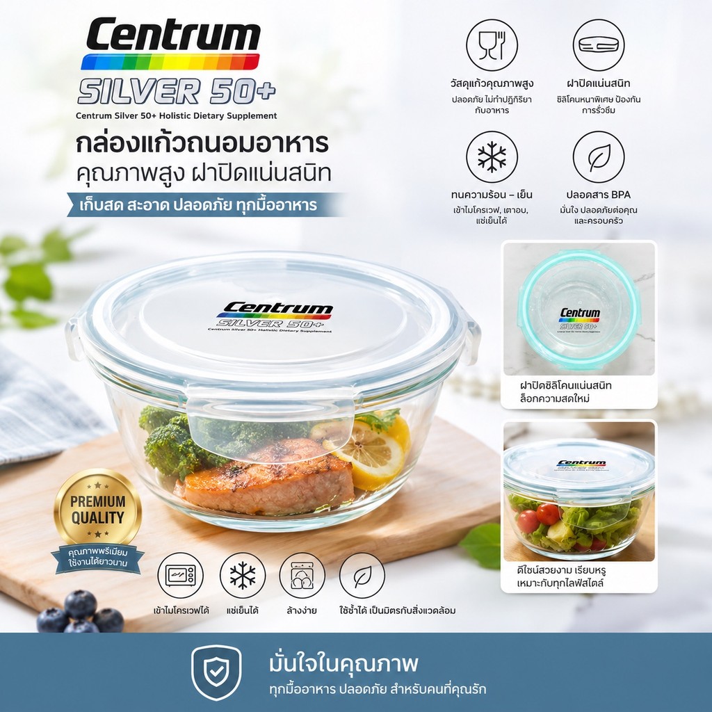 [แพค 2 ใบ] กล่องแก้วถนอมอาหารทรงกลม มียางซิลิโคน ตัวภาชนะแก้วทนความร้อนเข้าเตาอบไมโครเวฟได้ ขนาด 15 x 11.5 x 5.4 cm[PC]