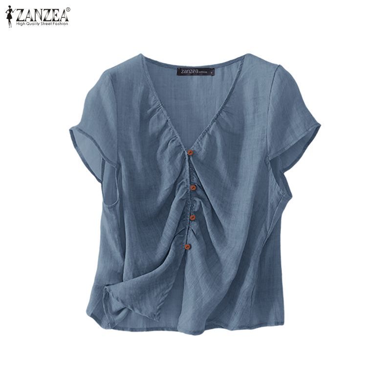 ZANZEA ซานเซีย เสื้อสตรีเกาหลีสบายๆหลวมแข็งคอวีแขนสั้นเสื้อจีบ