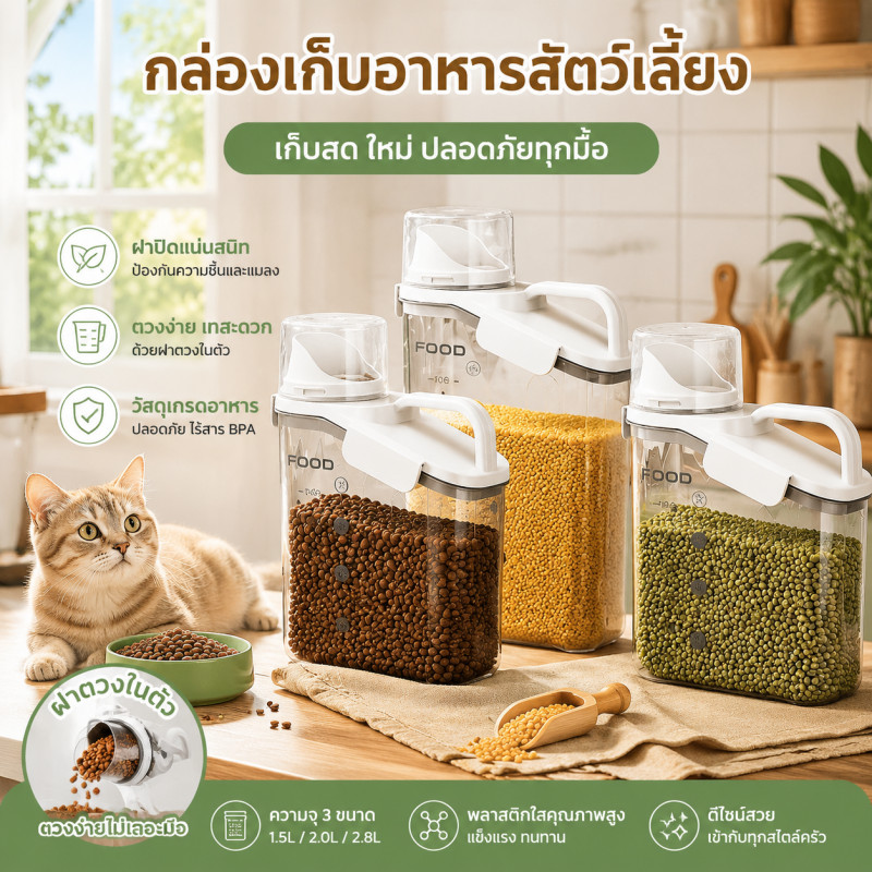กล่องใส่อาหารสัตว์เลี้ยง เก็บอาหารแห้ง กล่องใส่อาหารแมว ปิดผนึกอย่างดี กันความชื้น พร้อมฝาถ้วยตวง