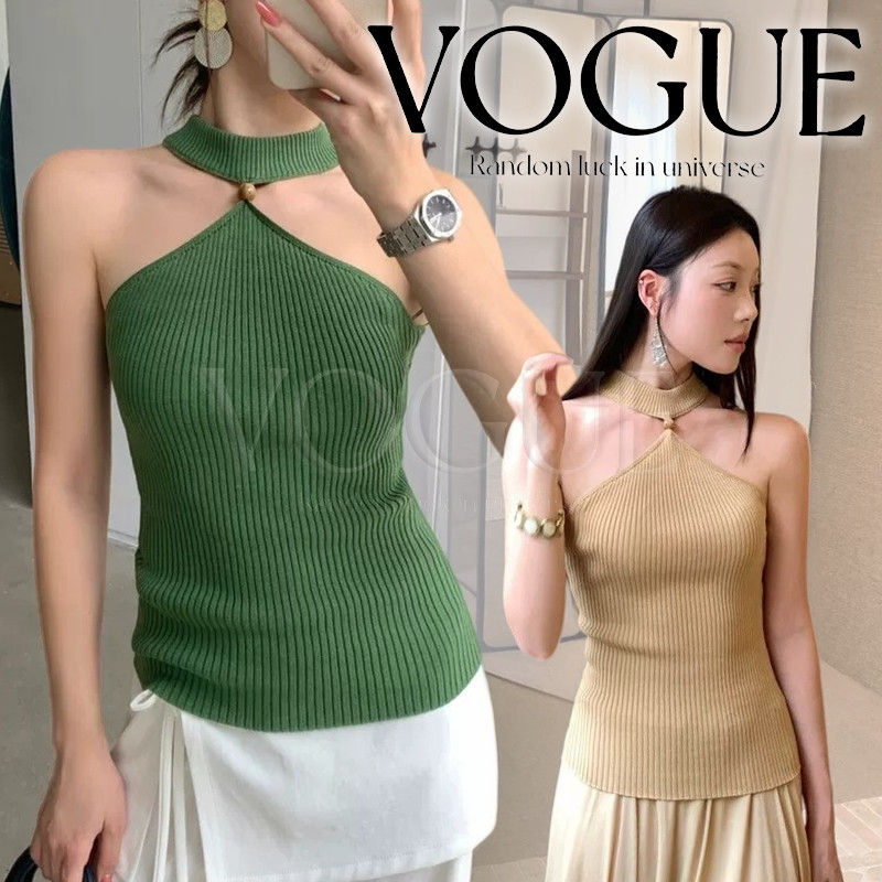 Vogue🌟พร้อมส่ง🌟 เสื้อคล้องคอไหมพรม แต่งลูกปัดประดับหรู ดีไซน์เปิดหลัง ยืดตามตัว สีพื้นเรียบหรูใส่สบาย  (F127)