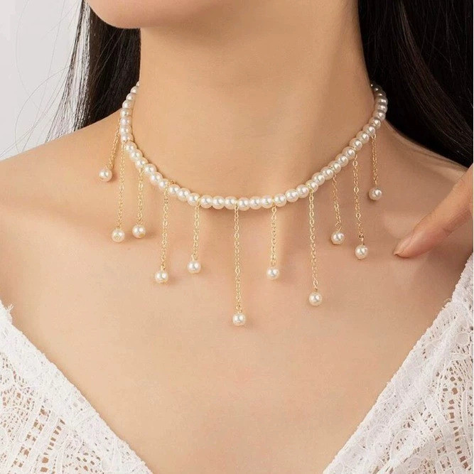 เครื่องประดับ Classy เลียนแบบสร้อยคอมุก Simple Strip พู่มุก Clavicle All-Match สร้อยคอ 5.17 R59W