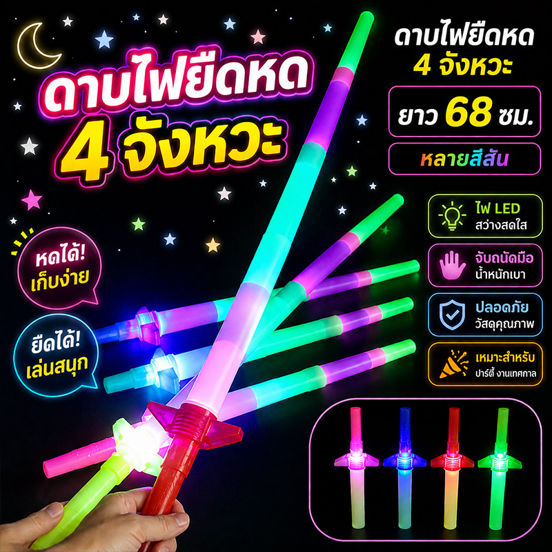 ดาบของเล่นเด็ก ไม้เรืองแสง 4 ท่อน ยืดหดได้ ฮิตมาก หลากสี พร้อมส่งทันที ขนาด 68 ซม.ดาบท่อยืด มีไฟ ของเล่นมีไฟ