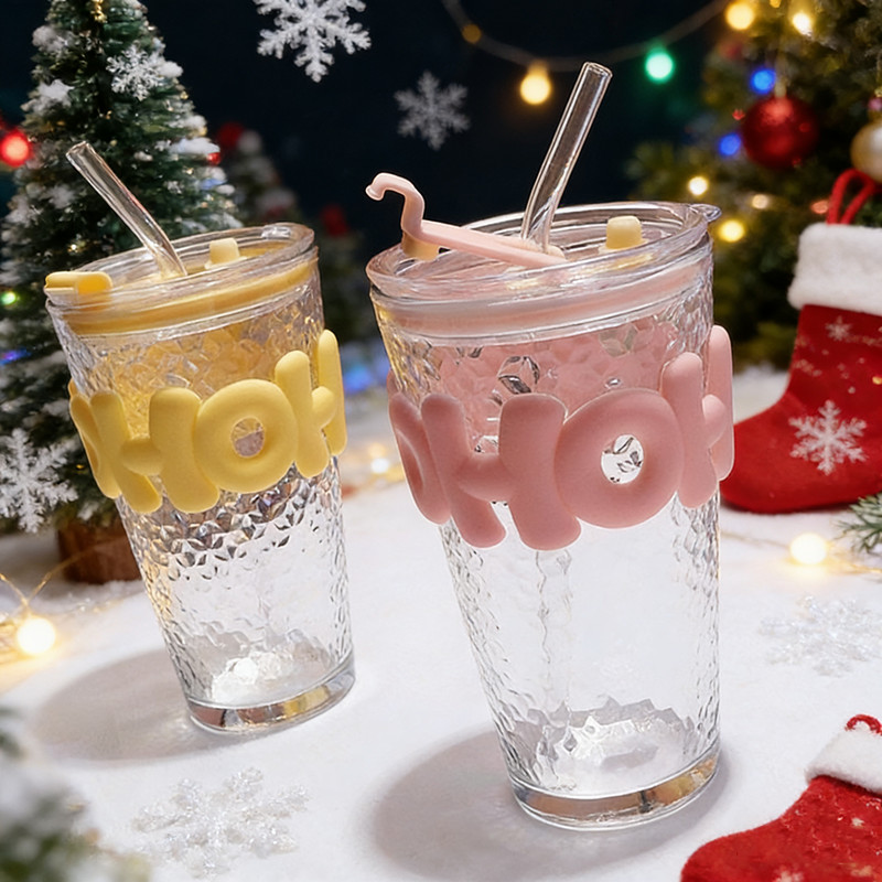 Christmas🎅ถ้วยฟางแก้วตัวอักษรฝรั่งเศสและเกาหลีสไตล์อินฝรั่งเศส/แก้วคำสีฟ้า/ถ้วยน้ำผลไม้ความจุขนาดใหญ่/ถ้วยนมกา