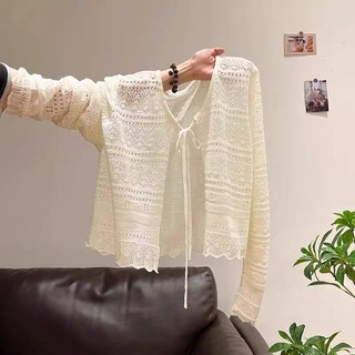 Apricot sweater rajut terbuka depan Lengan panjang wanita atasan pendek V-neck dengan tali pengikat berongga top baju vintage korean