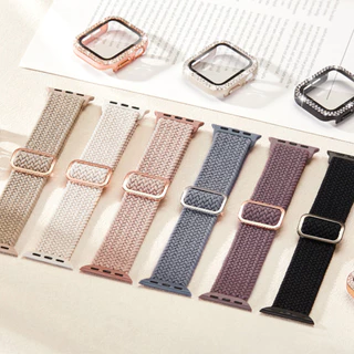 Bling Diamond Glass Screen case + สายไนลอนสําหรับ Apple watch 46/42/45/41 มม.44 มม.40 มม.Series 11 10 9 8 7 6 5 4 SE