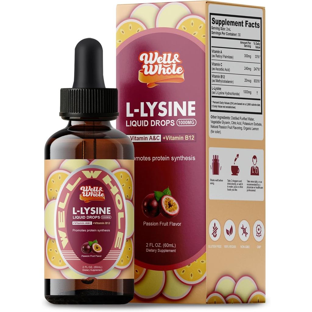 แอล-ไลซีน เพิลเมนท์ ลิควิด ดรอปส์ | ดีบุก L-Lysine 1000 มก. พร้อมวิตามิน A, C, และ B12 สําหรับผู้ใหญ