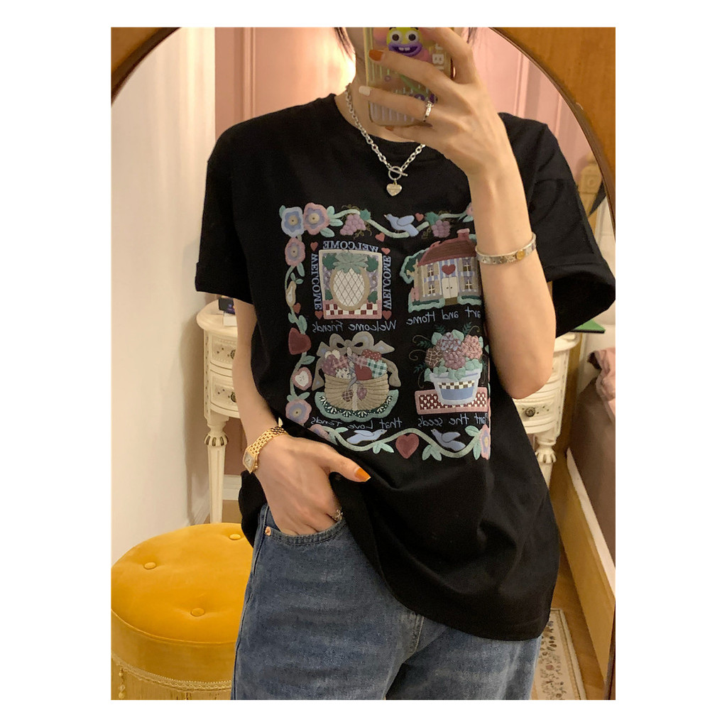 COD ราคาจริง [คอปกผ้าฝ้ายแท้] ดอกไม้และรักสนุกพิมพ์เสื้อยืดนักเรียนหญิงสไตล์ญี่ปุ่นวินเทจแขนสั้นฤดูร