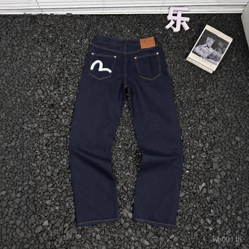 Evisu 2025 ใหม่ Seagull Pocket Frayed ไม่สม่ําเสมอพิมพ์ Casual ตรงแคบ-ขา Hemming กางเกงยีนส์