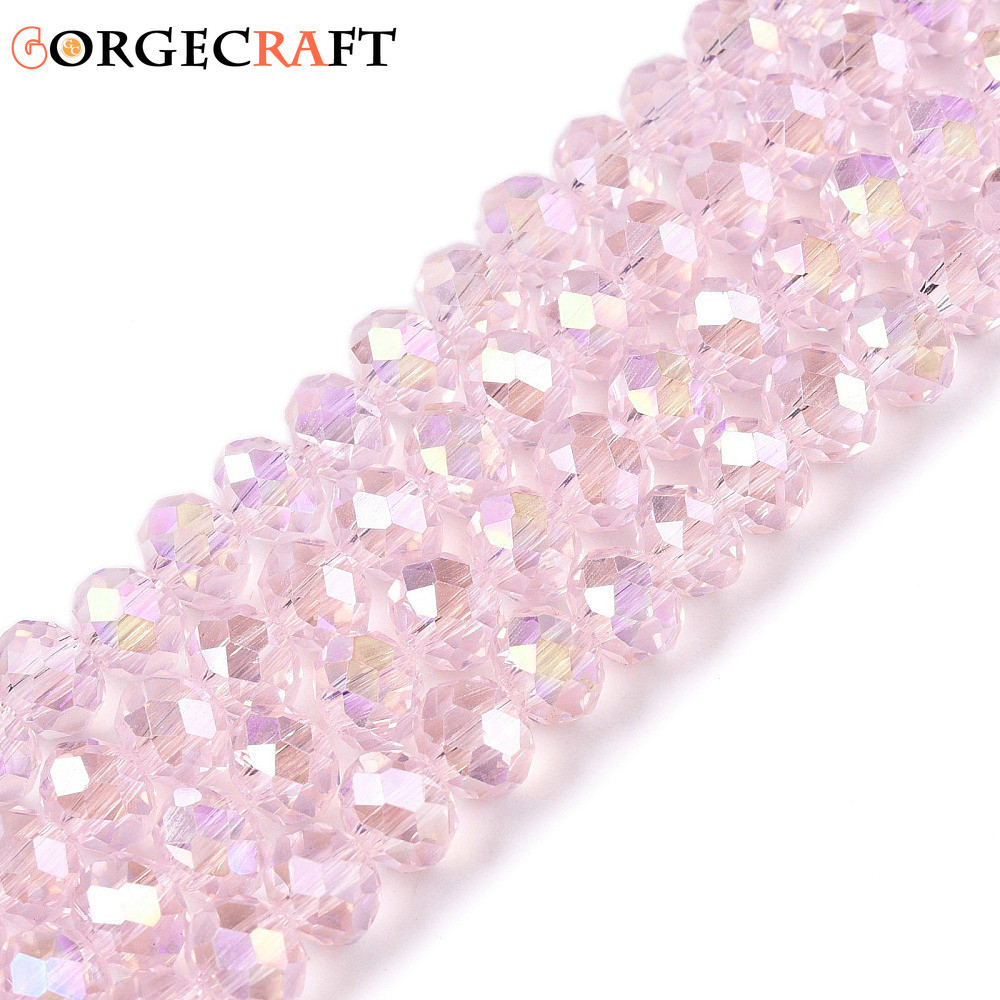ลูกปัดแก้ว AB สี Faceted Rondelle สีชมพู ขนาด 6x5 มม. จำนวน 84-85 ชิ้น/เส้น ความยาว 16.34-16.54 นิ้ว
