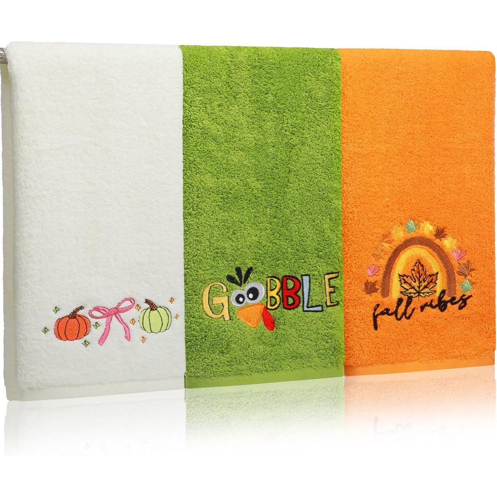 Panelee 3 ชิ้นผ้าขนหนูมือขอบคุณสําหรับห้องน้ําผ้าฝ้าย 100% ปักฤดูใบไม้ร่วงผ้าเช็ดมือฟักทอง Gobble Ma