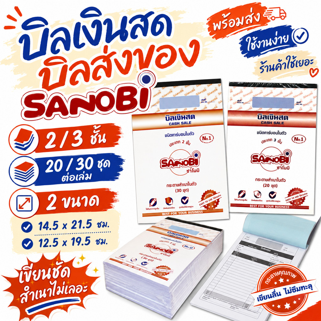บิลเงินสด / บิลส่งของ SANOBI รุ่น 2 ชั้น และ 3 ชั้น ขนาด 14.5x21.5 cm.และ ขนาด 12.5x19.5