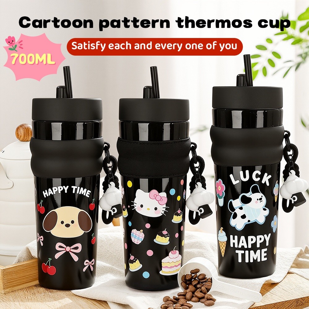 700ml 304 แก้วน้ำสแตนเลสที่ พกพาสะดวก มีหลอดดูด สไตล์การ์ตูนน่ารัก