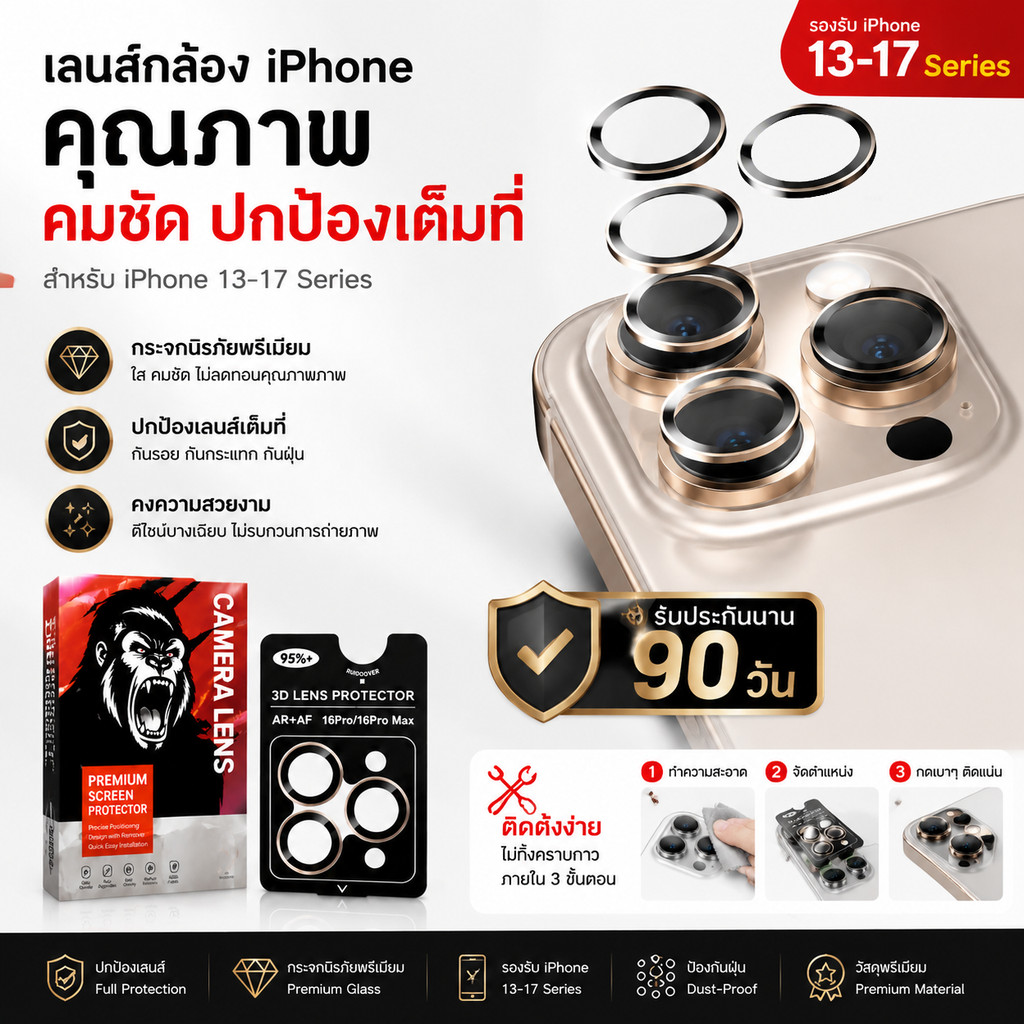 เลนส์กล้อง iPhone 13-17 Pro Max ฟิล์มกระจก 9H คมชัด HD ปกป้องเต็มที่ กันรอย ไม่กระทบภาพถ่าย