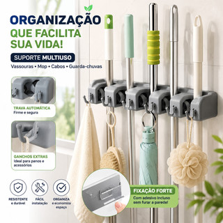 Suporte Organizador Multiuso 5 Lugares 6 Ganchos Porta Vassoura Rodo