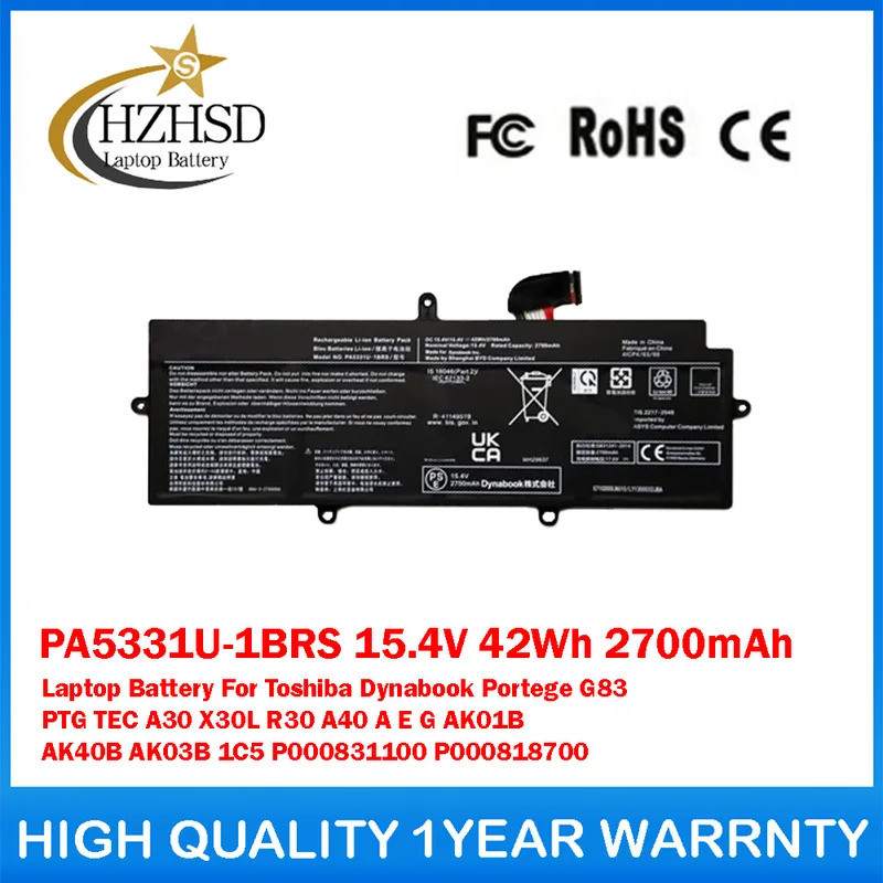 PA5331U-1BRS 15.4V 42Wh 2700mAh แบตเตอรี่แล็ปท็อปสําหรับ Toshiba Dynabook Portege G83 PTG TEC A30 X3
